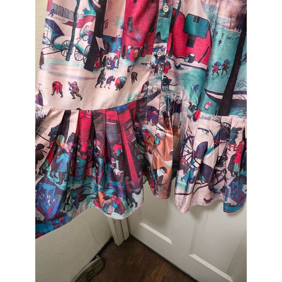 Button-Up Grama Core Plus Size Long-Sleeve Dress Country Winter Scene Print Ple - Picture 9 of 12